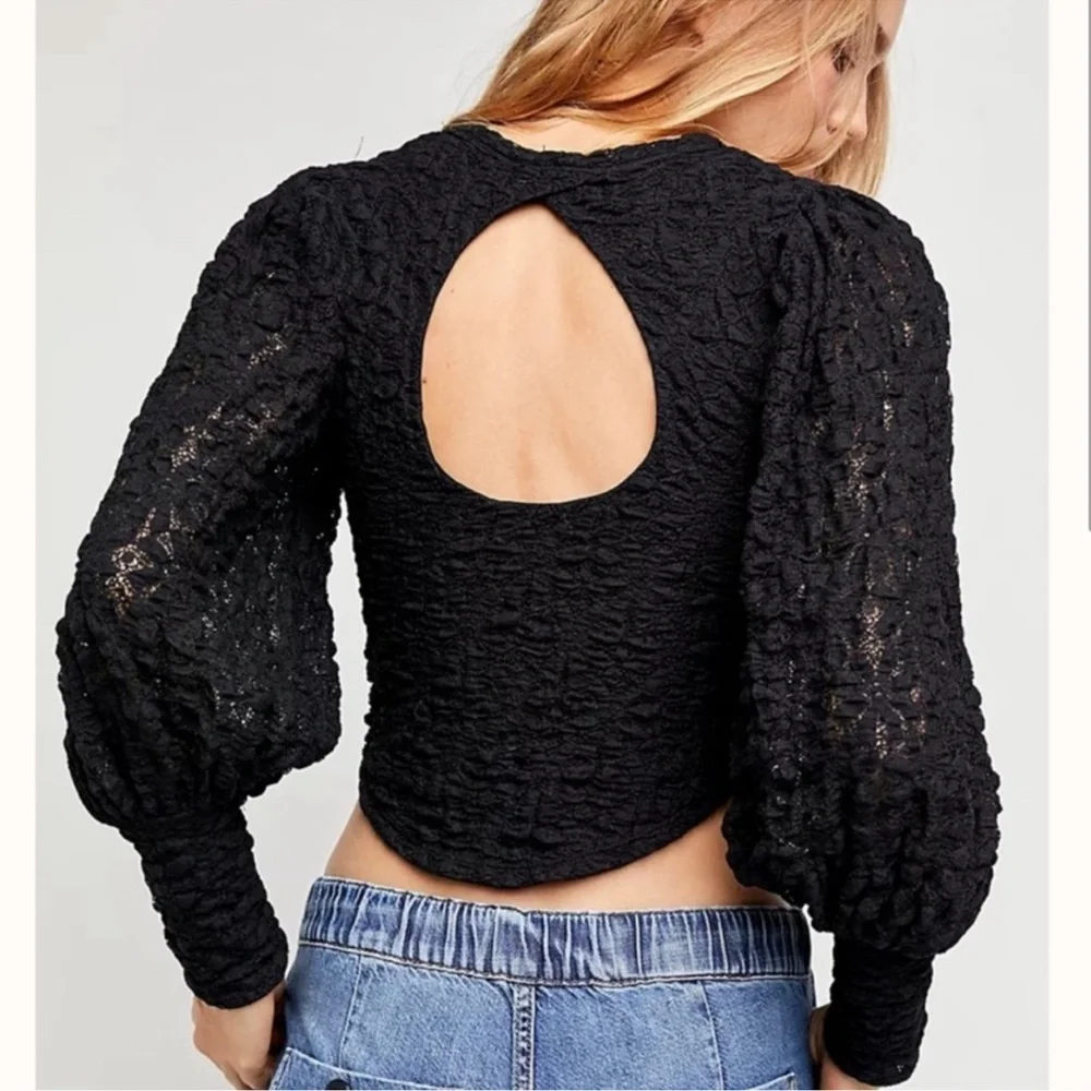 Free People Tea Time Top in Black Size XS Long Sleeve Blouse Lace